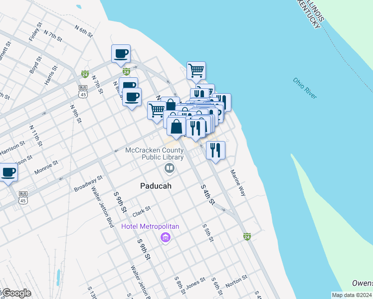 map of restaurants, bars, coffee shops, grocery stores, and more near 321 Kentucky Avenue in Paducah