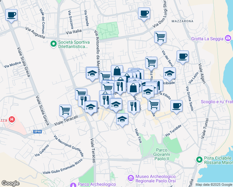 map of restaurants, bars, coffee shops, grocery stores, and more near 30 Via Ignazio Marabitti in Siracusa