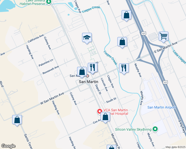 map of restaurants, bars, coffee shops, grocery stores, and more near 13330 Depot Street in San Martin
