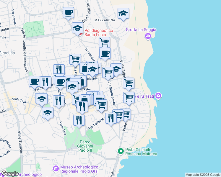 map of restaurants, bars, coffee shops, grocery stores, and more near 84 Via Grotta Santa in Siracusa
