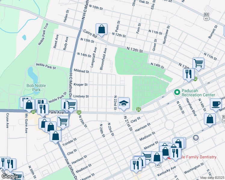 map of restaurants, bars, coffee shops, grocery stores, and more near 825 North 22nd Street in Paducah