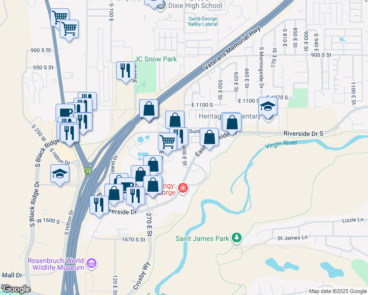 map of restaurants, bars, coffee shops, grocery stores, and more near 1300 South 400 East in St. George