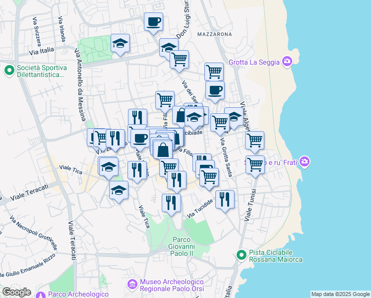 map of restaurants, bars, coffee shops, grocery stores, and more near 94 Via Filisto in Siracusa