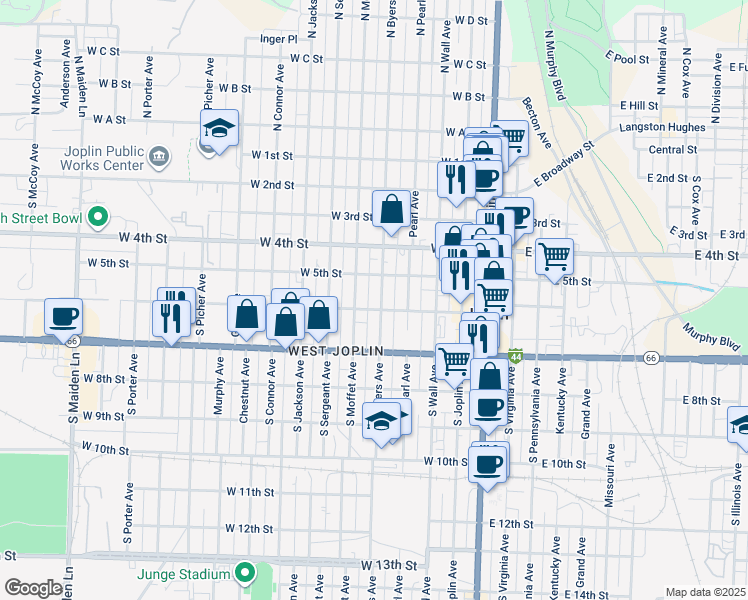 map of restaurants, bars, coffee shops, grocery stores, and more near 524 Byers Ave in Joplin
