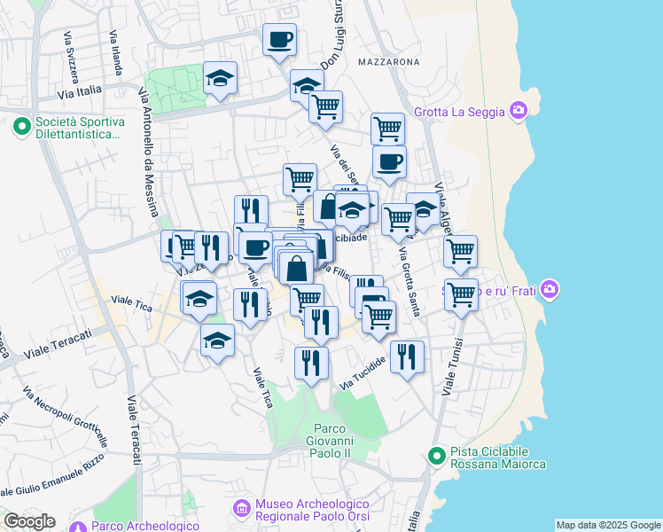map of restaurants, bars, coffee shops, grocery stores, and more near 96 Via Filisto in Siracusa