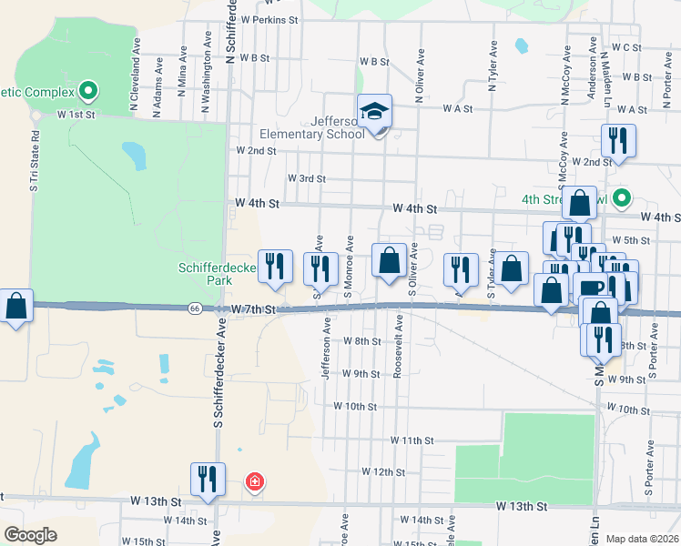 map of restaurants, bars, coffee shops, grocery stores, and more near 614 South Monroe Avenue in Joplin