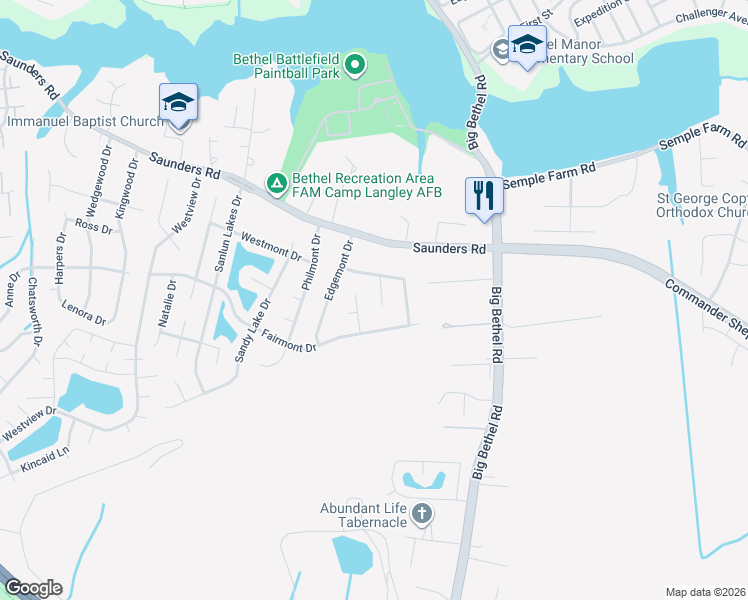 map of restaurants, bars, coffee shops, grocery stores, and more near 8 Ridgemont Cir in Hampton