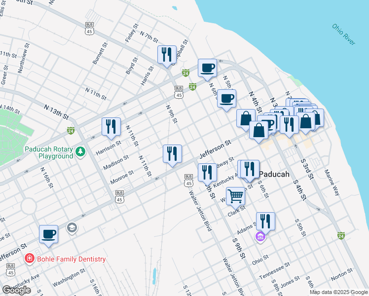 map of restaurants, bars, coffee shops, grocery stores, and more near 1003 Monroe St in Paducah