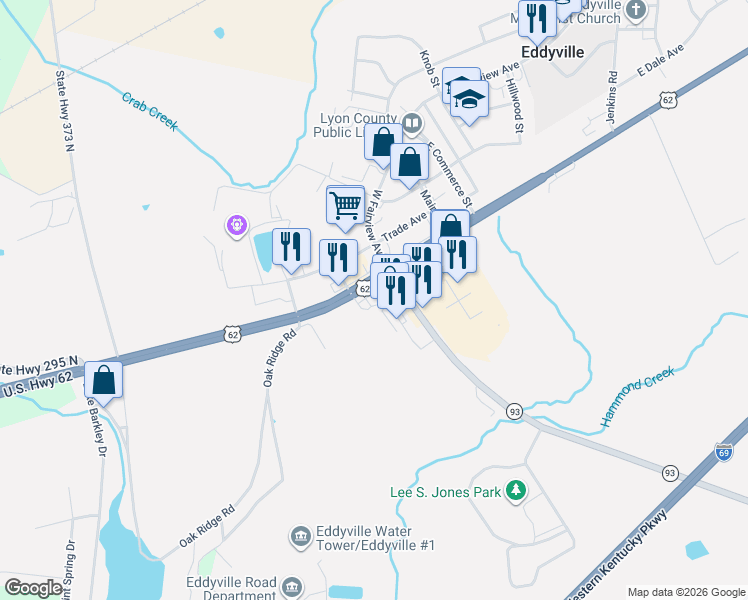 map of restaurants, bars, coffee shops, grocery stores, and more near 19 Kentucky 93 in Kuttawa