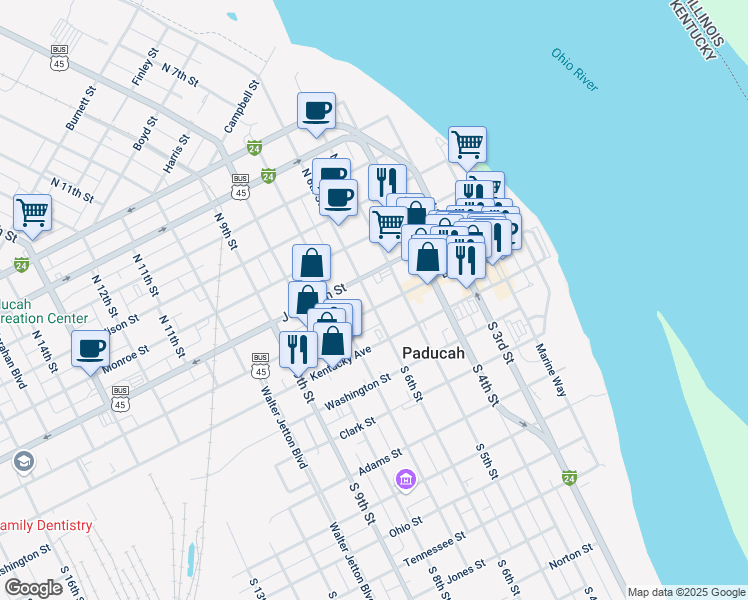 map of restaurants, bars, coffee shops, grocery stores, and more near 535 Broadway Street in Paducah