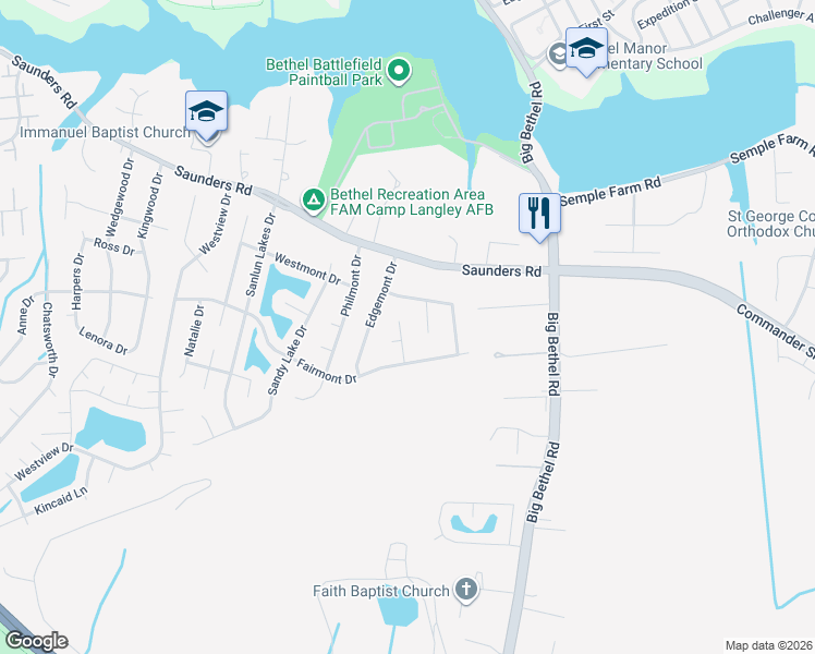 map of restaurants, bars, coffee shops, grocery stores, and more near 8 Ridgemont Circle in Hampton