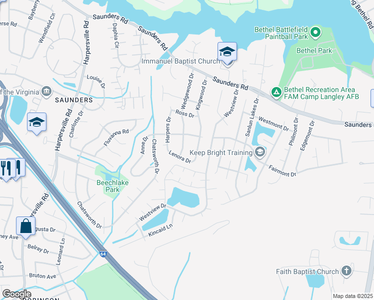 map of restaurants, bars, coffee shops, grocery stores, and more near 207 Wedgewood Drive in Newport News
