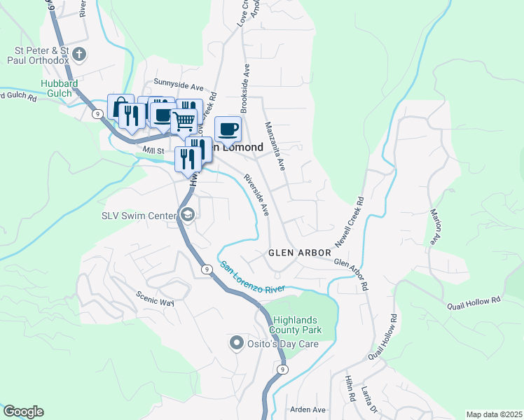 map of restaurants, bars, coffee shops, grocery stores, and more near 382 Riverside Avenue in Ben Lomond
