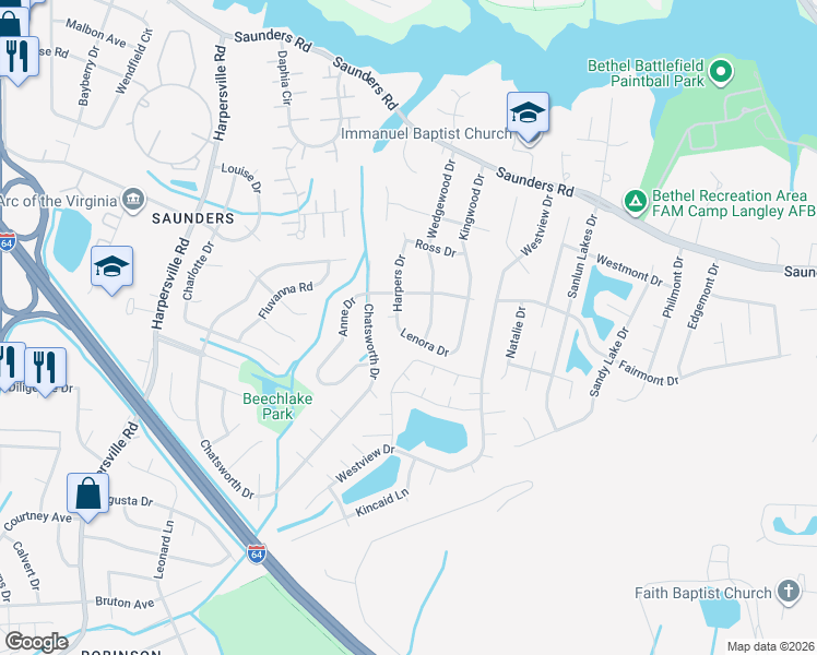 map of restaurants, bars, coffee shops, grocery stores, and more near 5 Lenora Drive in Newport News