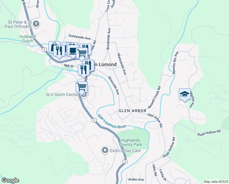 map of restaurants, bars, coffee shops, grocery stores, and more near 382 Riverside Avenue in Ben Lomond