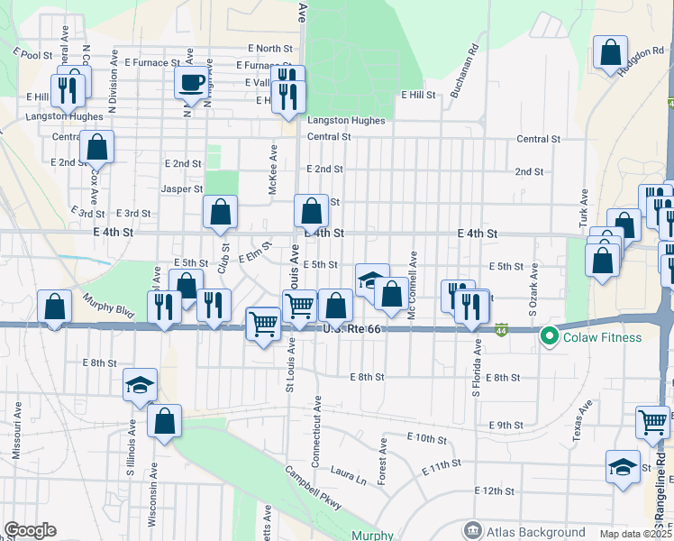 map of restaurants, bars, coffee shops, grocery stores, and more near 505 South Park Avenue in Joplin