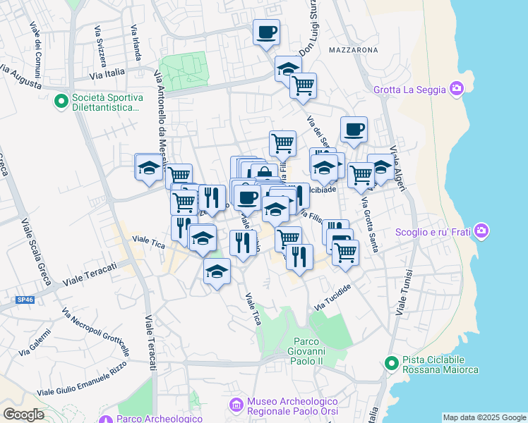 map of restaurants, bars, coffee shops, grocery stores, and more near 118 Via Tisia in Siracusa
