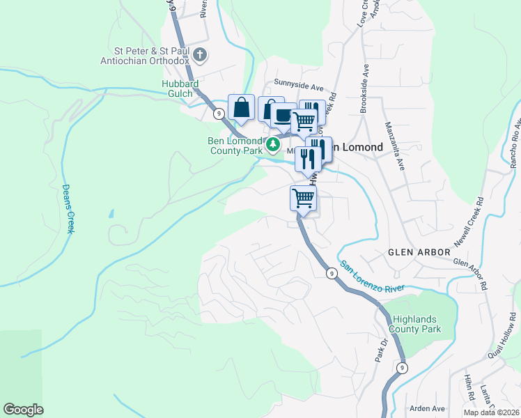 map of restaurants, bars, coffee shops, grocery stores, and more near 1425 Greenbank Drive in Ben Lomond
