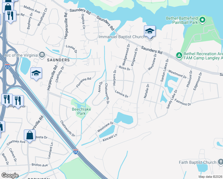 map of restaurants, bars, coffee shops, grocery stores, and more near 5 Lenora Drive in Newport News