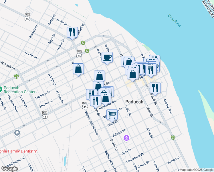 map of restaurants, bars, coffee shops, grocery stores, and more near 630 Jefferson Street in Paducah