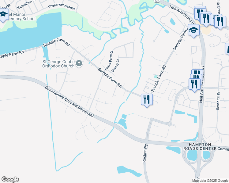 map of restaurants, bars, coffee shops, grocery stores, and more near 161 Semple Farm Road in Hampton