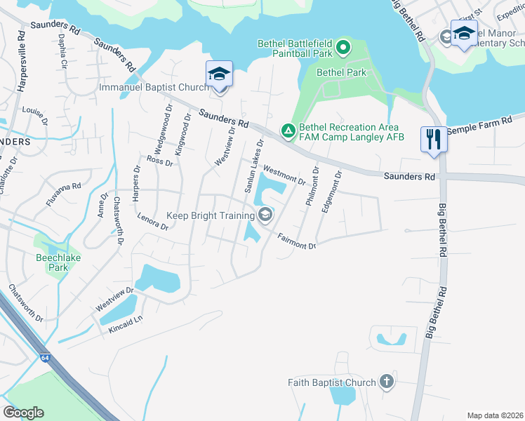 map of restaurants, bars, coffee shops, grocery stores, and more near 166 Fairmont Drive in Hampton