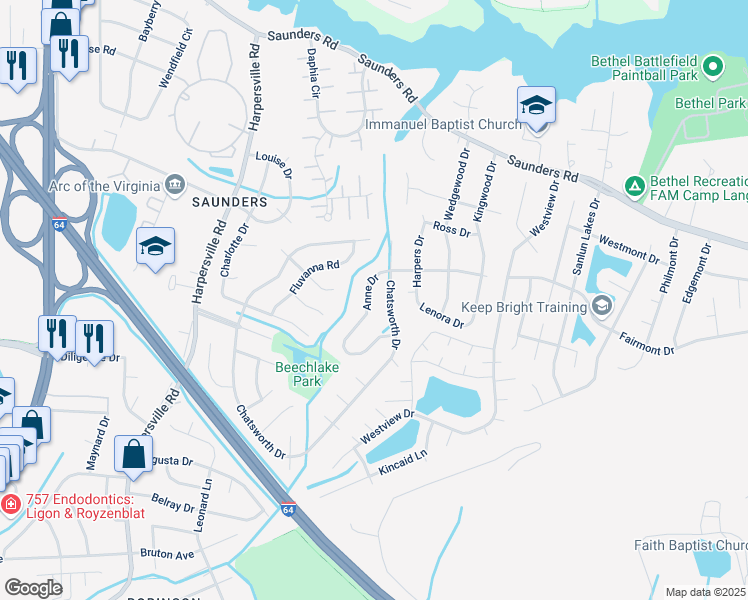 map of restaurants, bars, coffee shops, grocery stores, and more near 718 Chatsworth Drive in Newport News