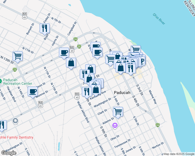 map of restaurants, bars, coffee shops, grocery stores, and more near 630 Jefferson Street in Paducah