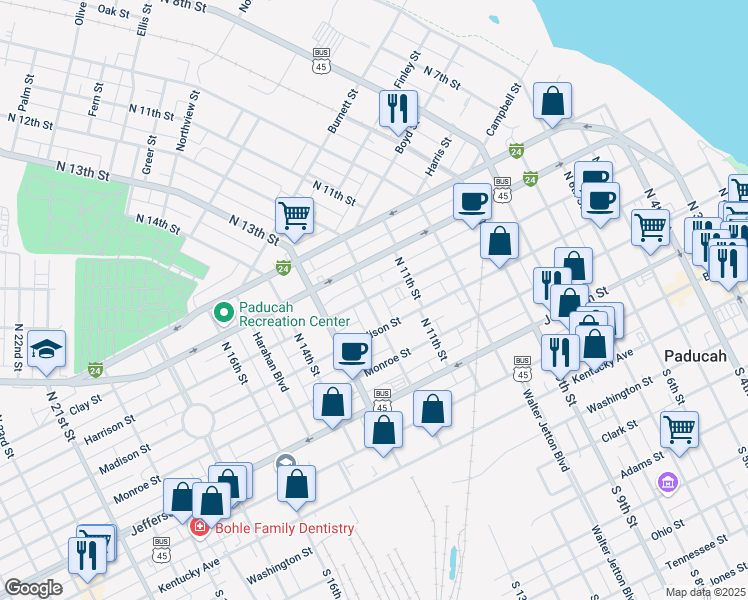 map of restaurants, bars, coffee shops, grocery stores, and more near 1152 Harrison Street in Paducah