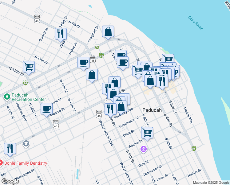 map of restaurants, bars, coffee shops, grocery stores, and more near 717 Jefferson Street in Paducah