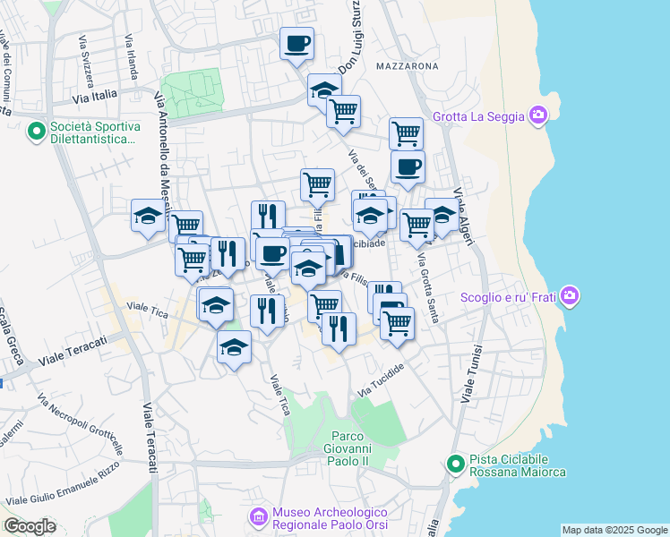 map of restaurants, bars, coffee shops, grocery stores, and more near 28 Via Pitia in Siracusa
