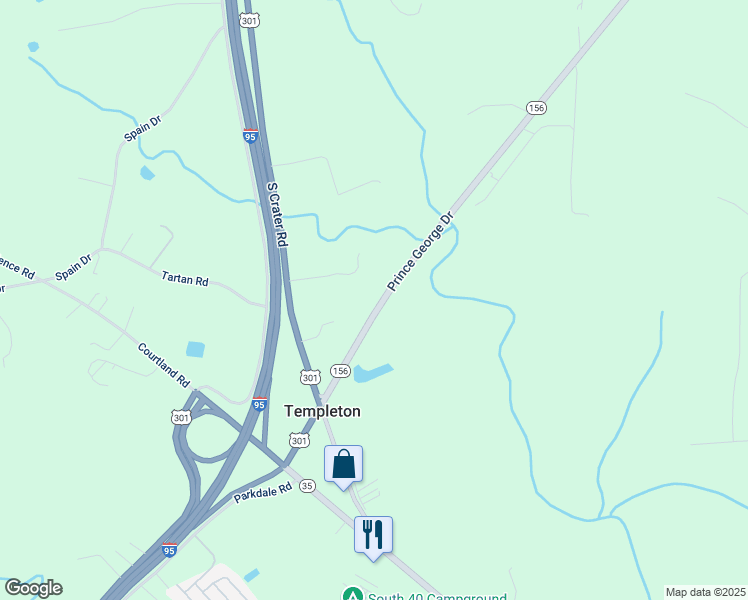 map of restaurants, bars, coffee shops, grocery stores, and more near 16400 Prince George Drive in Disputanta