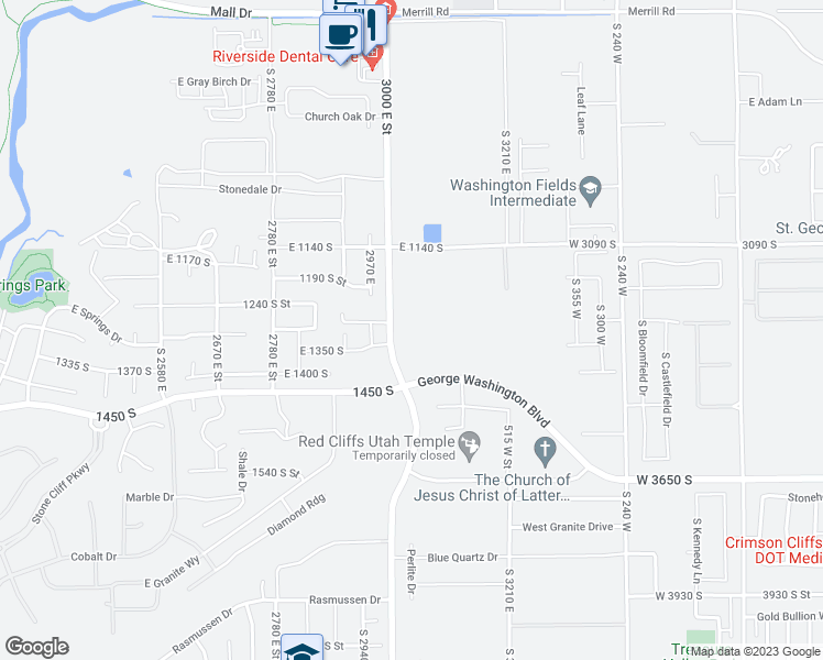 map of restaurants, bars, coffee shops, grocery stores, and more near 1295 South 3000 East in St. George