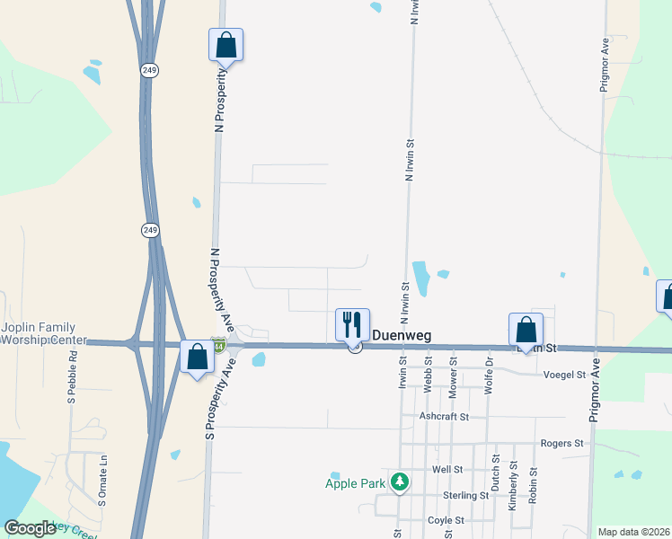 map of restaurants, bars, coffee shops, grocery stores, and more near North Irwin Street in Joplin