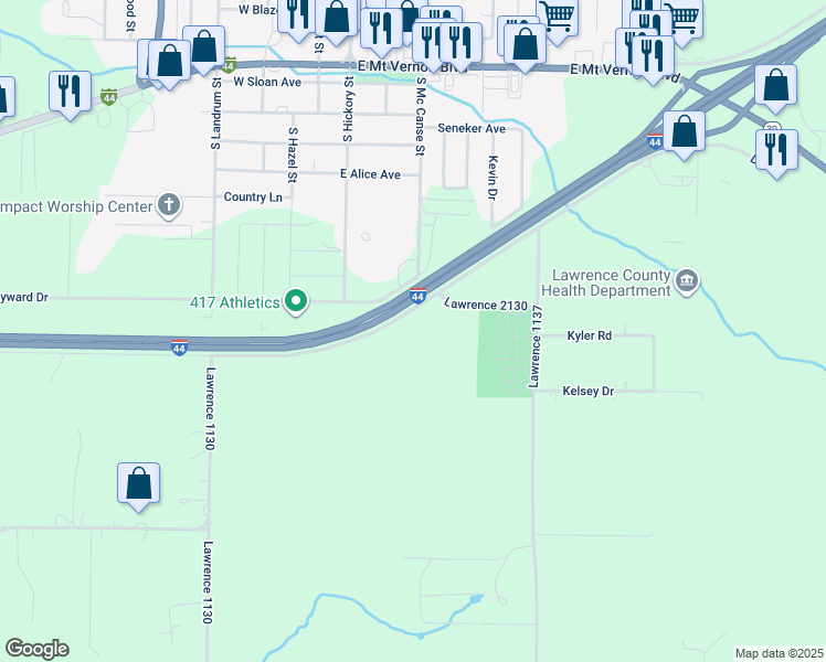 map of restaurants, bars, coffee shops, grocery stores, and more near East Daniel Drive in Mount Vernon
