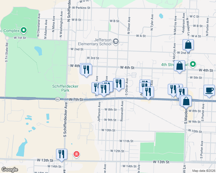 map of restaurants, bars, coffee shops, grocery stores, and more near 614 S Monroe Ave in Joplin