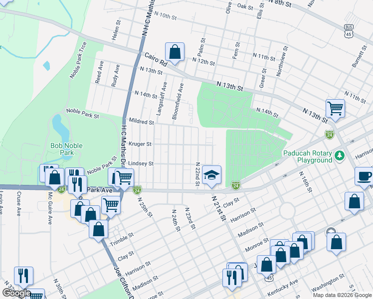 map of restaurants, bars, coffee shops, grocery stores, and more near 825 North 22nd Street in Paducah