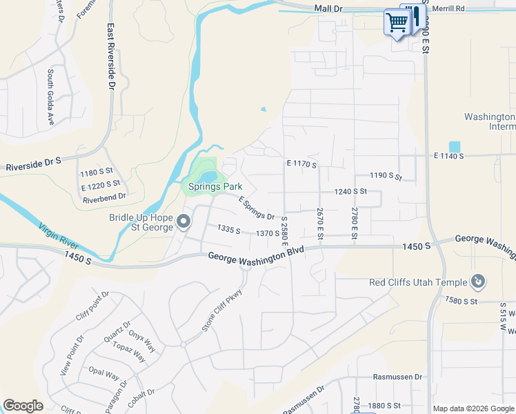 map of restaurants, bars, coffee shops, grocery stores, and more near 2495 East Springs Drive in St. George