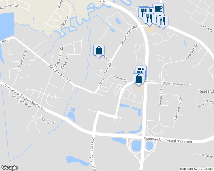 map of restaurants, bars, coffee shops, grocery stores, and more near 175 Corwin Circle in Hampton