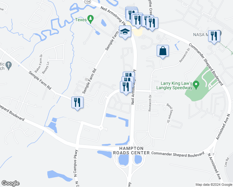 map of restaurants, bars, coffee shops, grocery stores, and more near 7 Antiqua Bay in Hampton