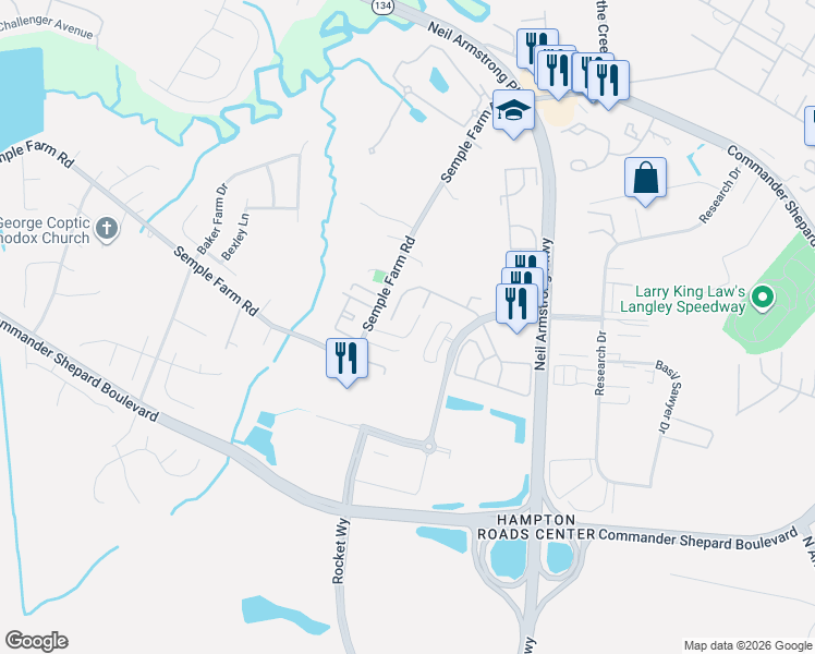map of restaurants, bars, coffee shops, grocery stores, and more near 175 Corwin Circle in Hampton