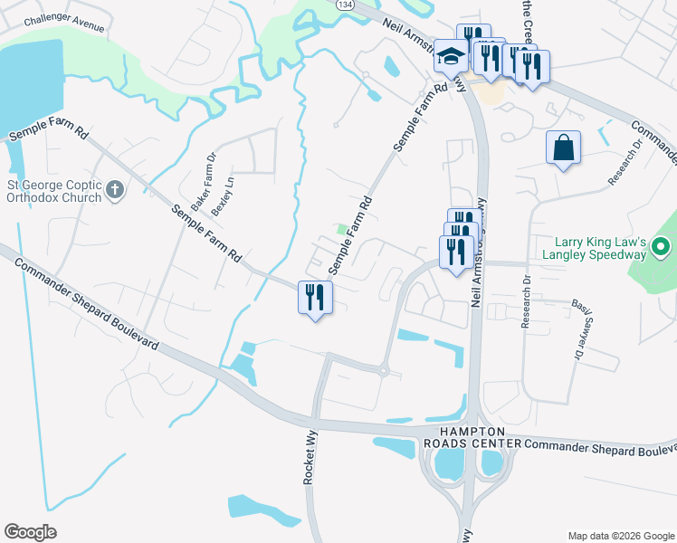 map of restaurants, bars, coffee shops, grocery stores, and more near 136 Semple Farm Road in Hampton