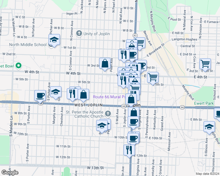 map of restaurants, bars, coffee shops, grocery stores, and more near 509 Pearl Avenue in Joplin