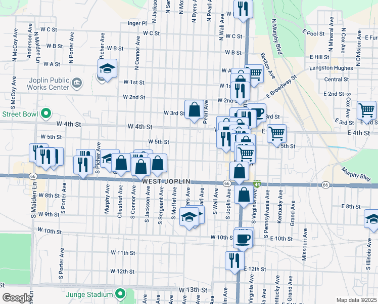 map of restaurants, bars, coffee shops, grocery stores, and more near 524 Byers Avenue in Joplin