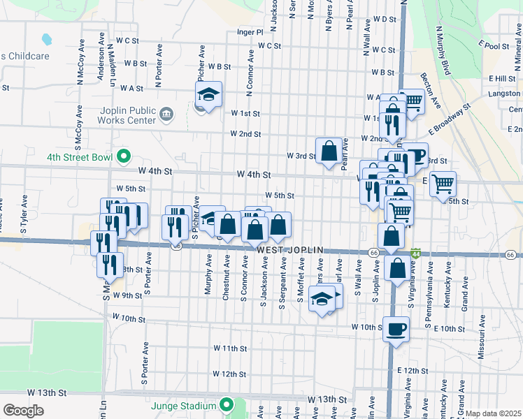 map of restaurants, bars, coffee shops, grocery stores, and more near 501-599 South Jackson Avenue in Joplin