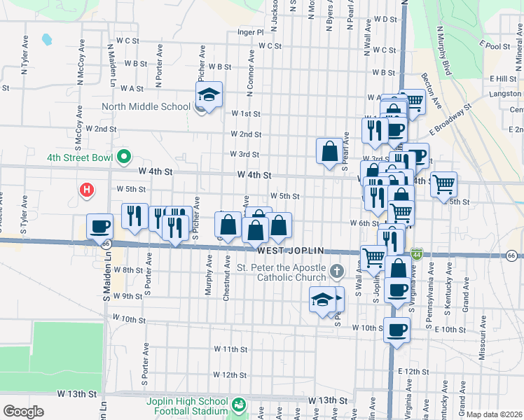 map of restaurants, bars, coffee shops, grocery stores, and more near 501-599 South Jackson Avenue in Joplin