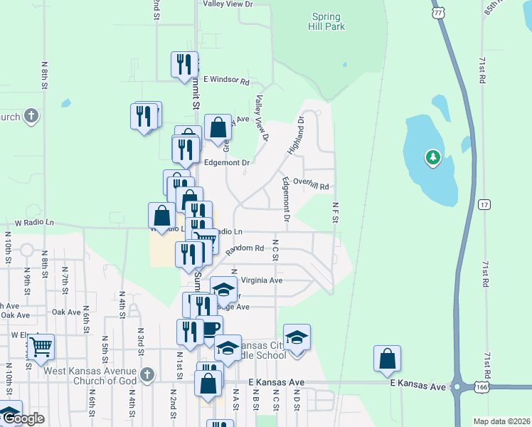 map of restaurants, bars, coffee shops, grocery stores, and more near 229 Greenway Road in Arkansas City