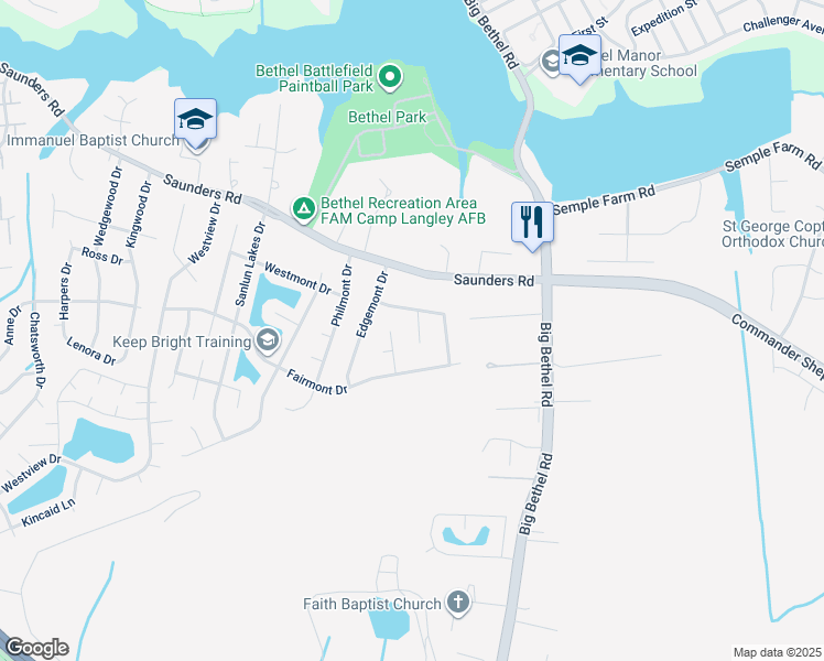 map of restaurants, bars, coffee shops, grocery stores, and more near 6 Ridgemont Circle in Hampton