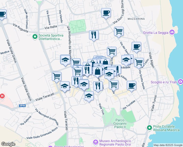 map of restaurants, bars, coffee shops, grocery stores, and more near 94 Viale Zecchino in Siracusa