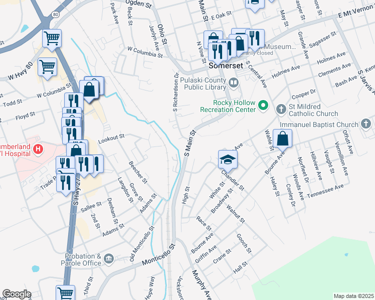 map of restaurants, bars, coffee shops, grocery stores, and more near South Main Street in Somerset